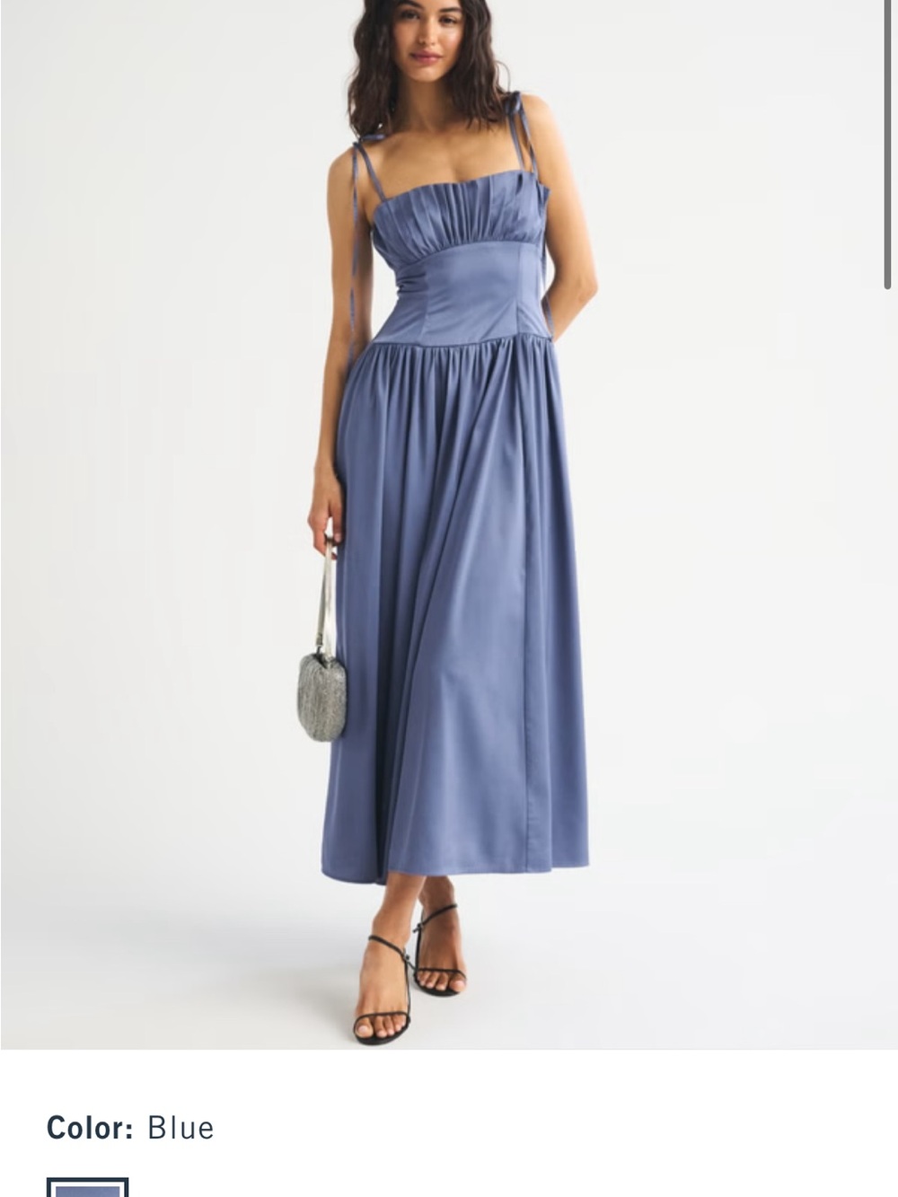 Blue Satin Midi Dress with Tie Straps